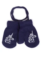 Rękawiczki dla dzieci - Rękawiczki Dziewczęce Jednopalczaste Ze Sznurkiem Granatowe Z Jednorożcem 10 Cm - miniaturka - grafika 1