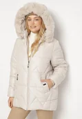 Kurtki damskie - Jasnoszara Pikowana Kurtka z Kapturem z Futerkiem Tevea - miniaturka - grafika 1