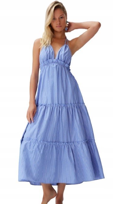 TRENDYOL NIEBIESKA SUKIENKA MIDI NA RAMIĄCZKACH W PASKI 38 5BA