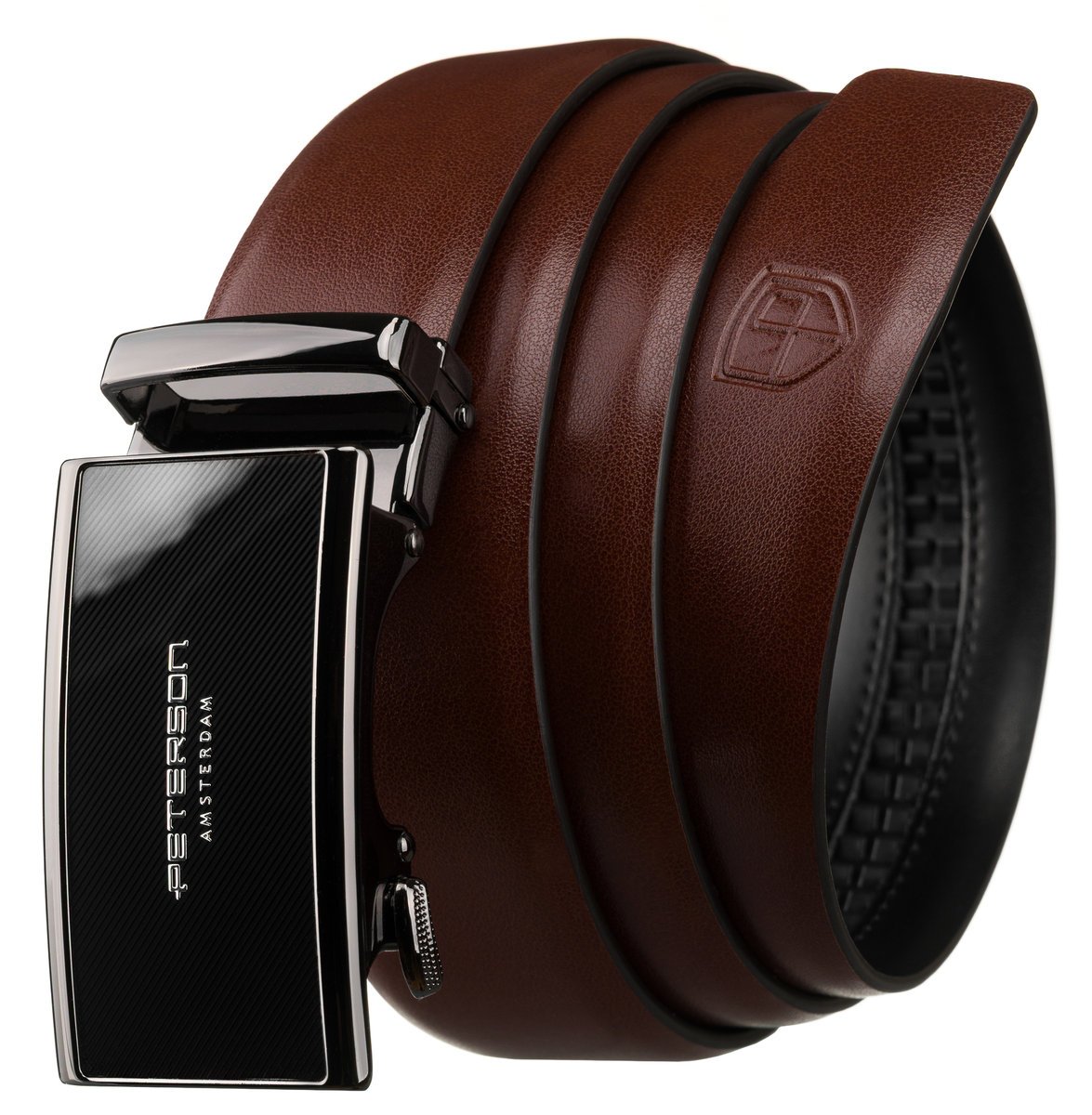 Skórzany pasek męski do spodni brązowy z automatyczną klamrą PETERSON 105 elegancki do garnituru casualowy samodzielne skracanie