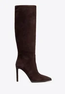 Półbuty męskie - Damskie kozaki ze skóry naturalnej zamszowej na szpilce brązowe - miniaturka - grafika 1