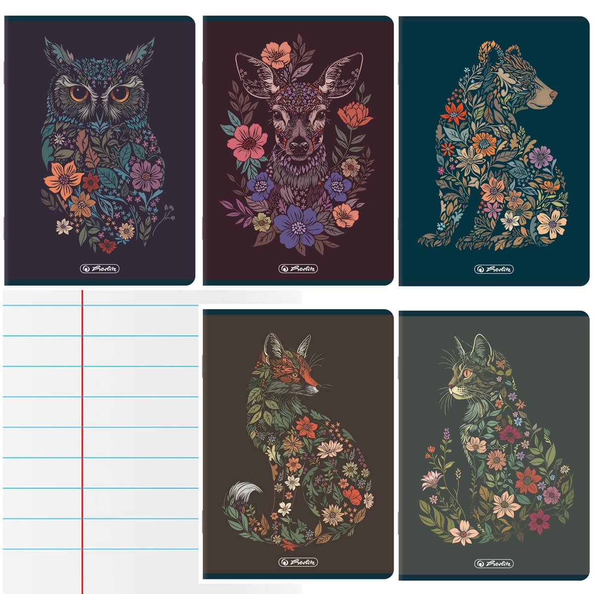 5 SZT. X ZESZYT A5, 32 KARTKI, LINIA Z MARGINESEM, FLORAL ANIMALS, HERLITZ