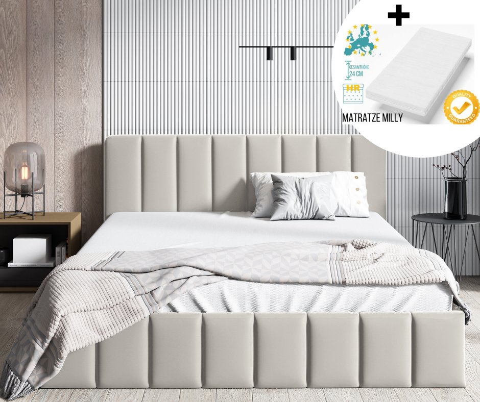 GUTTO Łóżko tapicerowane 160 x 200 + materac ze sprężynami kieszeniowymi + łóżko REINTRAGEN z metalową ramą z listew z pojemnikiem do przechowywania