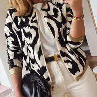 Kurtki damskie - TEMU Kurtka Bomberowa z Lekkiego Lamparciego Wzoru dla Kobiet - Casualowa na Zamek z Długim Rękawem i Geometrycznym Wzorem, Czarno-Biały Design, - miniaturka - grafika 1