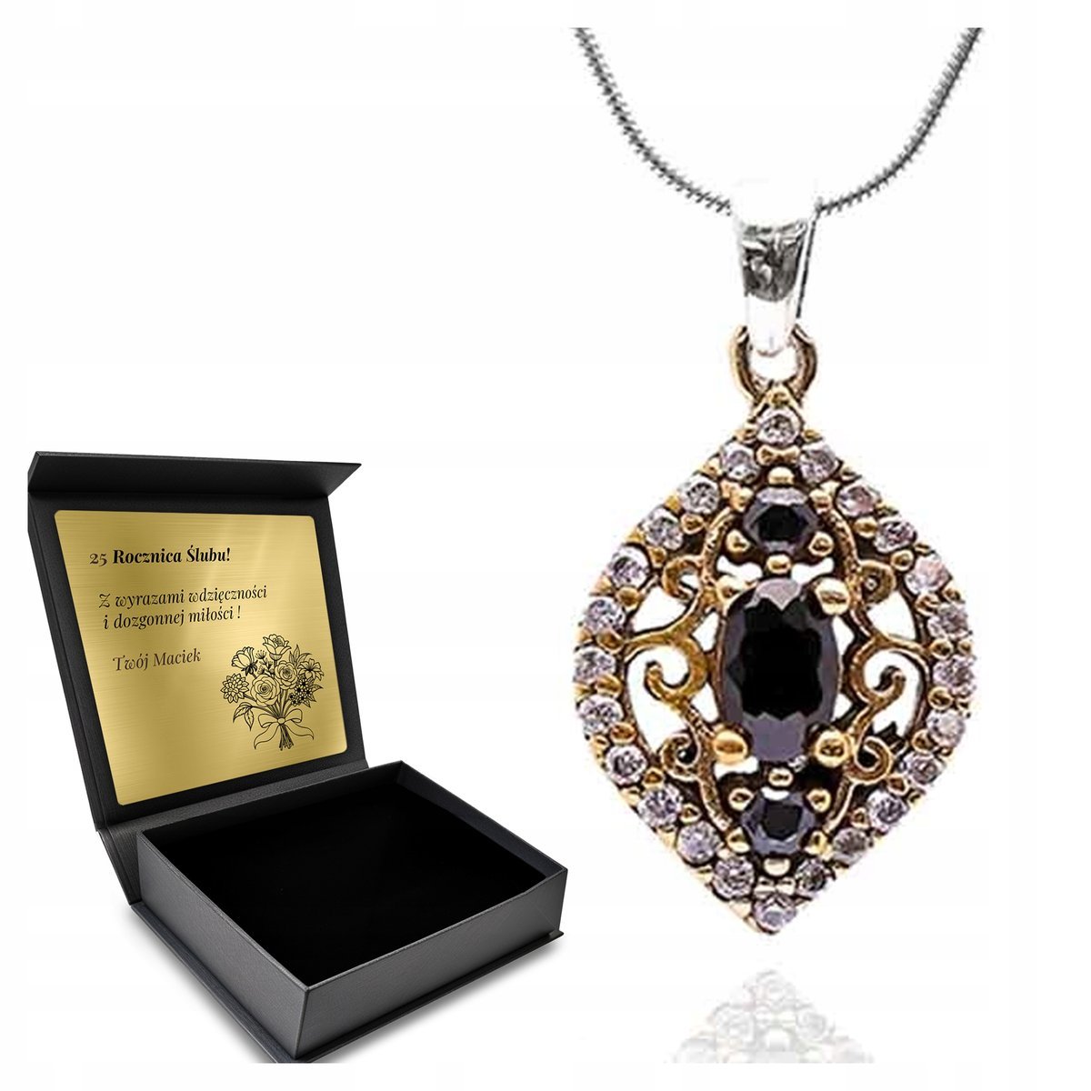 Naszyjnik Srerbny 925 Czarne Cyrkonie Biżuteria Dla Kobiety + Grawer