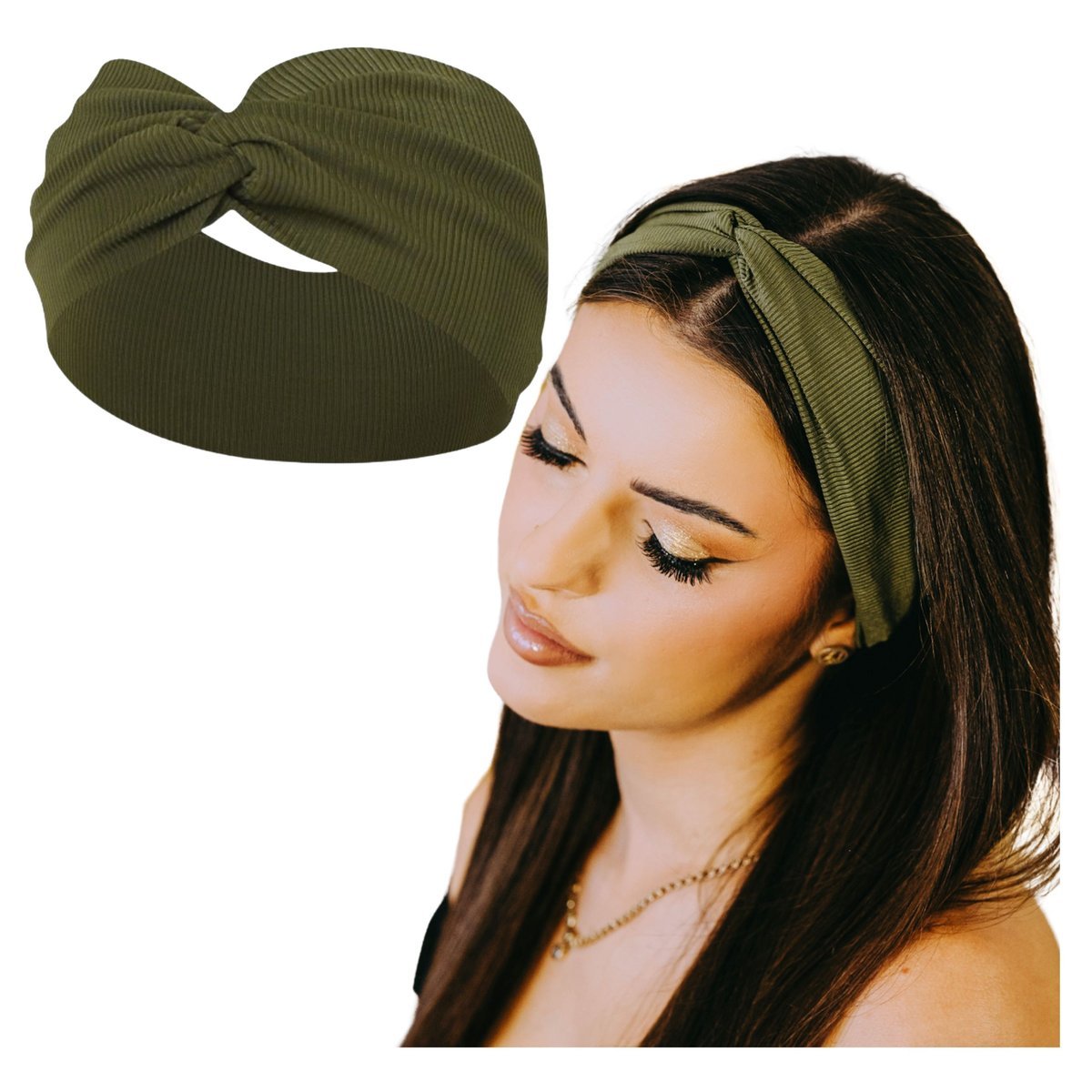 Opaska na Głowę Zielona Szeroka w Prążki Elastyczna z Supłem Miła w Dotyku