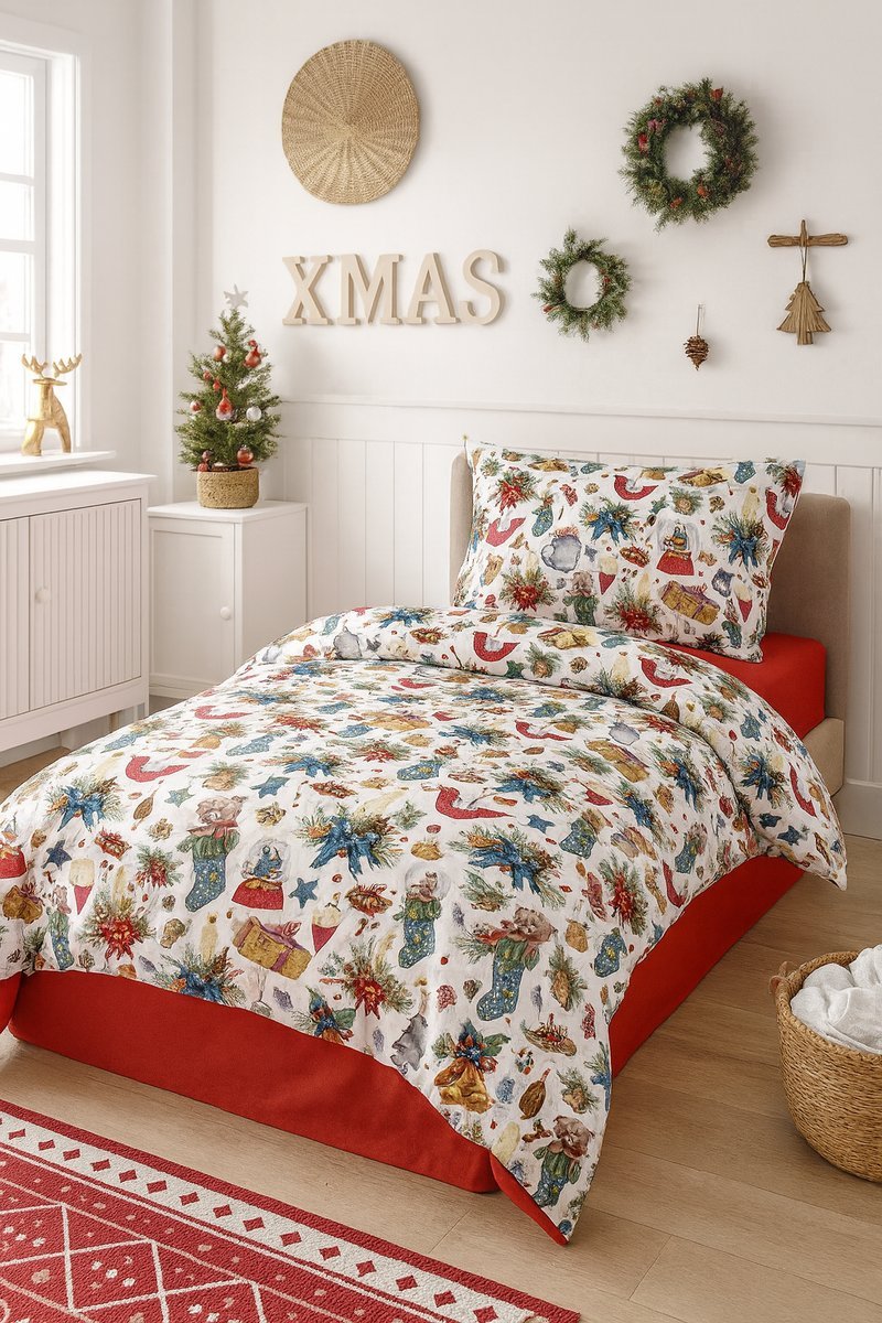 Pościel dziecięca 135x100 zimowa świąteczna bawełna wzory bożonarodzeniowe idą święta+czerwony