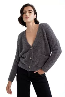 Swetry damskie - DeFacto Kardigan normalny krój dla kobiet kardigan na topy damski (antracytowy, XXS), anthra, XXS - grafika 1