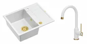 Zlewozmywaki z baterią - Quadron Unique Zlewozmywak granitowy jednokomorowy 62*50*22 cm z ociekaczem MORGAN 116 SNOW WHITE z syfonem Push-2-Open w kolorze złotym z baterią INGRID Q LINE kolor biały mat/wykończenie złote - miniaturka - grafika 1