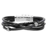 Bransolety męskie - Czarne rzemienie ze srebrnymi koralikami bransoletka na prezent dla taty - Manoki - miniaturka - grafika 1