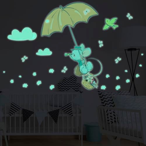 Ambiance Sticker Świecąca fosforyzująca naklejka ścienna dziecięca fluorescencyjna mysz sufitowa Parasol - H110 x Dł. 70 cm