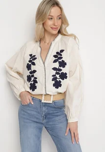 Beżowa Bawełniana Koszula Oversize z Kwiatowym Haftem Lorvesa - Koszule damskie - miniaturka - grafika 1