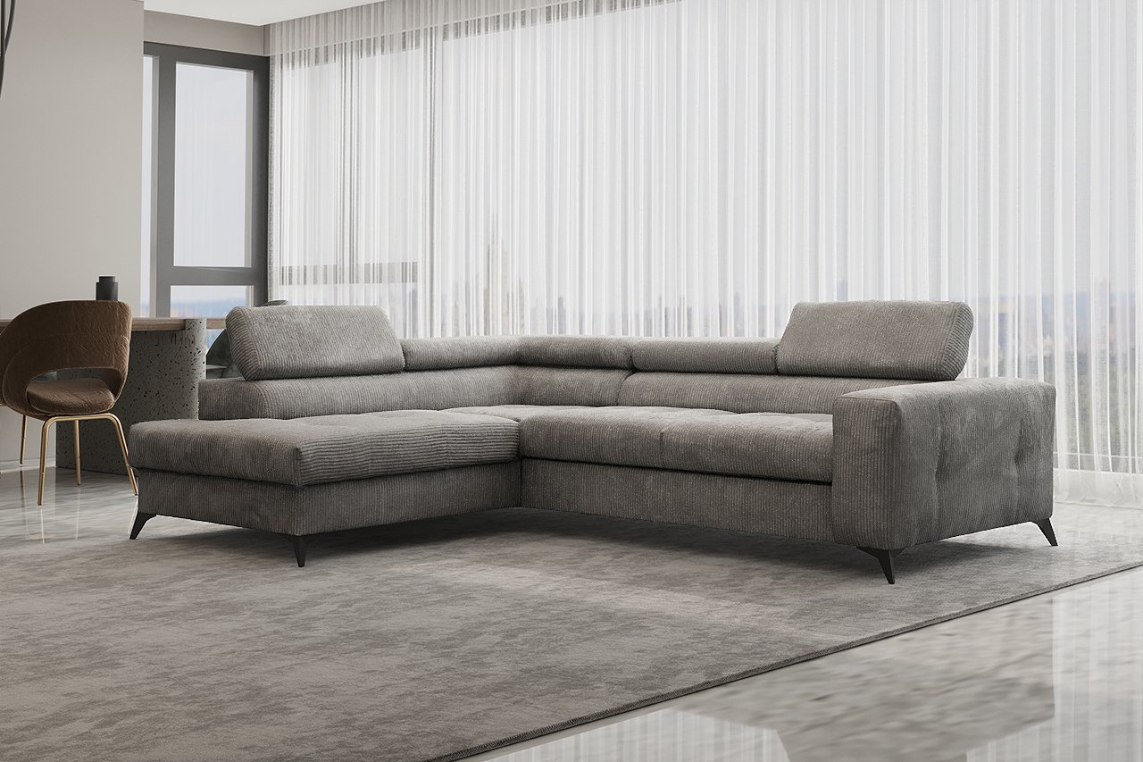 Narożnik z funkcją spania i pojemnikiem na pościel w kształcie litery L - ARCADI - tkanina Anafi, wiele kolorów Szary Prawy