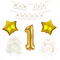 Baby shower i roczek - Zestaw balonów na roczek, biało-złoty - miniaturka - grafika 1