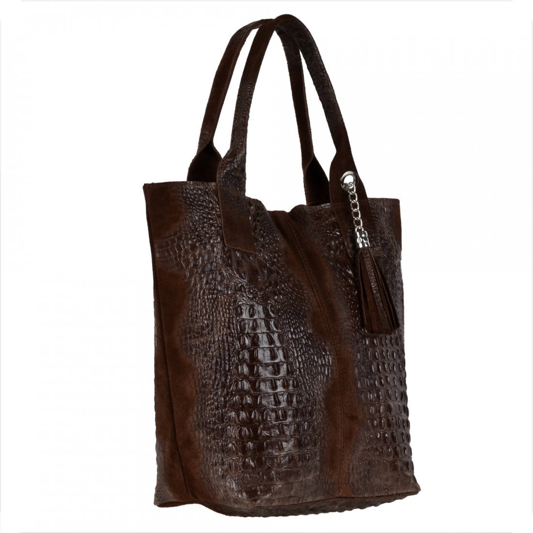 Torebka shopper z miękkiej skóry XL ciemny brąz /krokodylek/