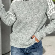 Swetry damskie - TEMU Atmosferyczne Wibracje! Szary Sweter z Półwysokim Kołnierzem i Wzorem Jacquard, Miękki i Elegancki - miniaturka - grafika 1
