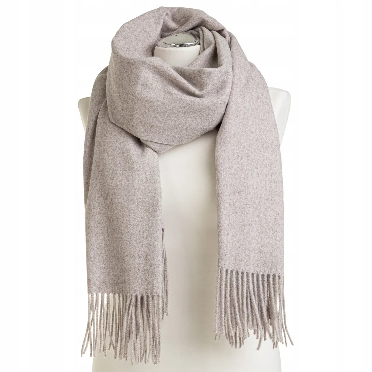 SZALIK DAMSKI Z WEŁNĄ CIEPŁY ZIMOWY ELEGANCKI GŁADKI MIĘKKI FRĘDZLE MORAJ BEIGE MELANGE