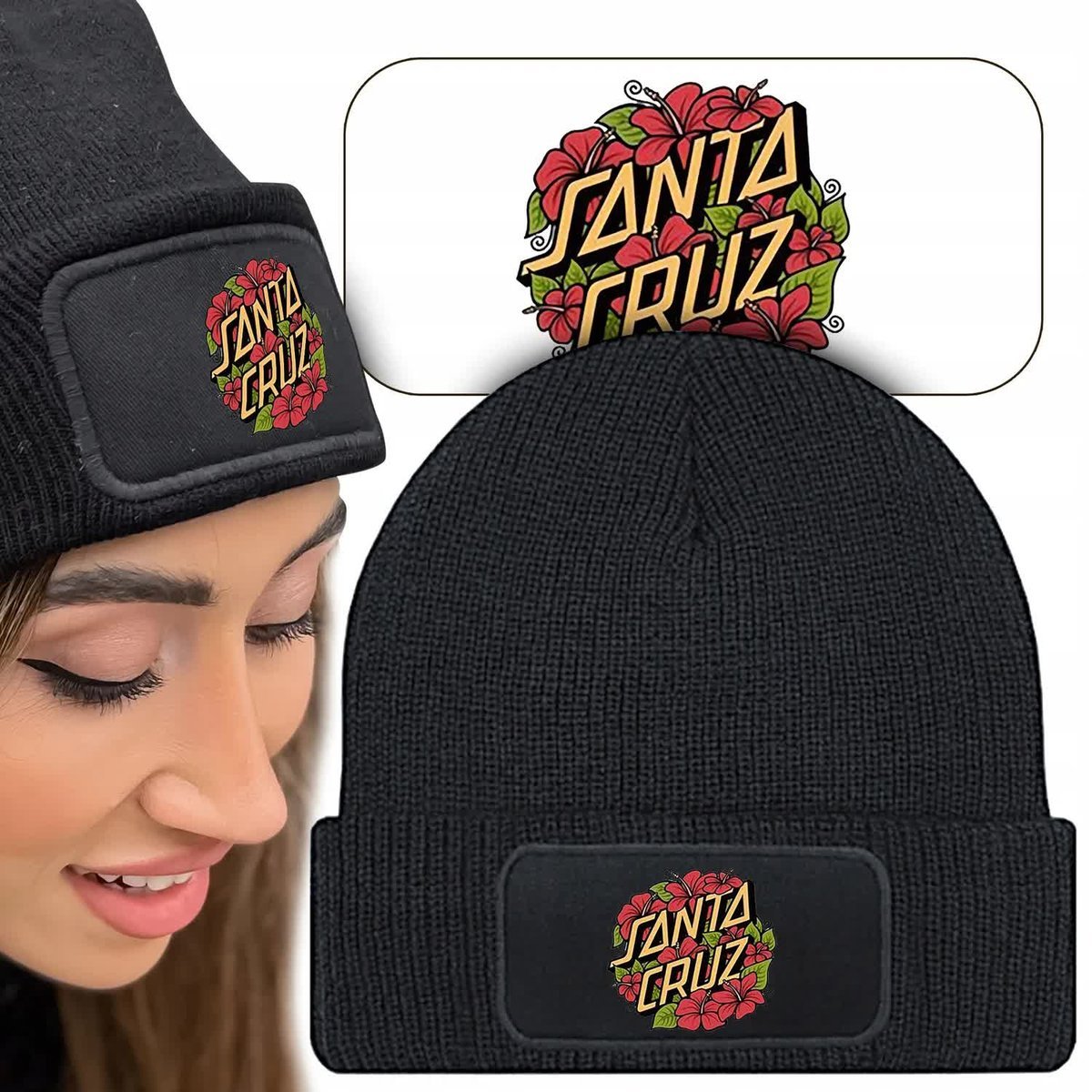 Zimowa Wygodna Czapka Czarna SANTA CRUZ Top Wzory