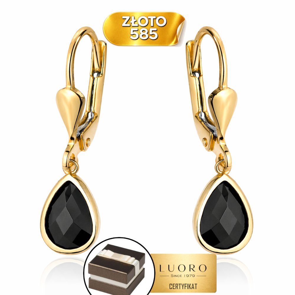 KOLCZYKI ZŁOTE 585 14K ŁEZKA CZARNY KAMIEŃ ANGIELSKIE ZAPIĘCIE 23 MM
