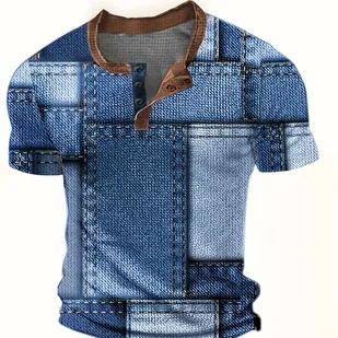 TEMU Męska koszulka Henley z dzianiny waflowej w stylu casual z nadrukiem dżinsowym 3D i detalami na guziki - krótki rękaw, okrągły dekolt, lekki - Inne - miniaturka - grafika 1