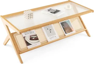 Bambusowy stolik kawowy COSTWAY, 2-poziomowy prostokątny stolik boczny ze szklanym blatem 120 x 56 cm, mały stolik z ręcznie plecioną rattanową półką do salonu, sypialni - Ławy i stoliki kawowe - miniaturka - grafika 1
