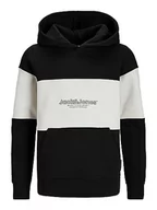 Bluzy dla chłopców - JACK&JONES JUNIOR Chłopięca bluza z kapturem Jorlakewood Block Sweat Hood Bf Jnr, Czarny/szczegóły: jj Print/Blocking, 152 - miniaturka - grafika 1