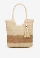 Torebki damskie - Beżowa Pleciona Torebka z Dwiema Rączkami i Dekoracyjnymi Frędzlami Ibernia - miniaturka - grafika 1