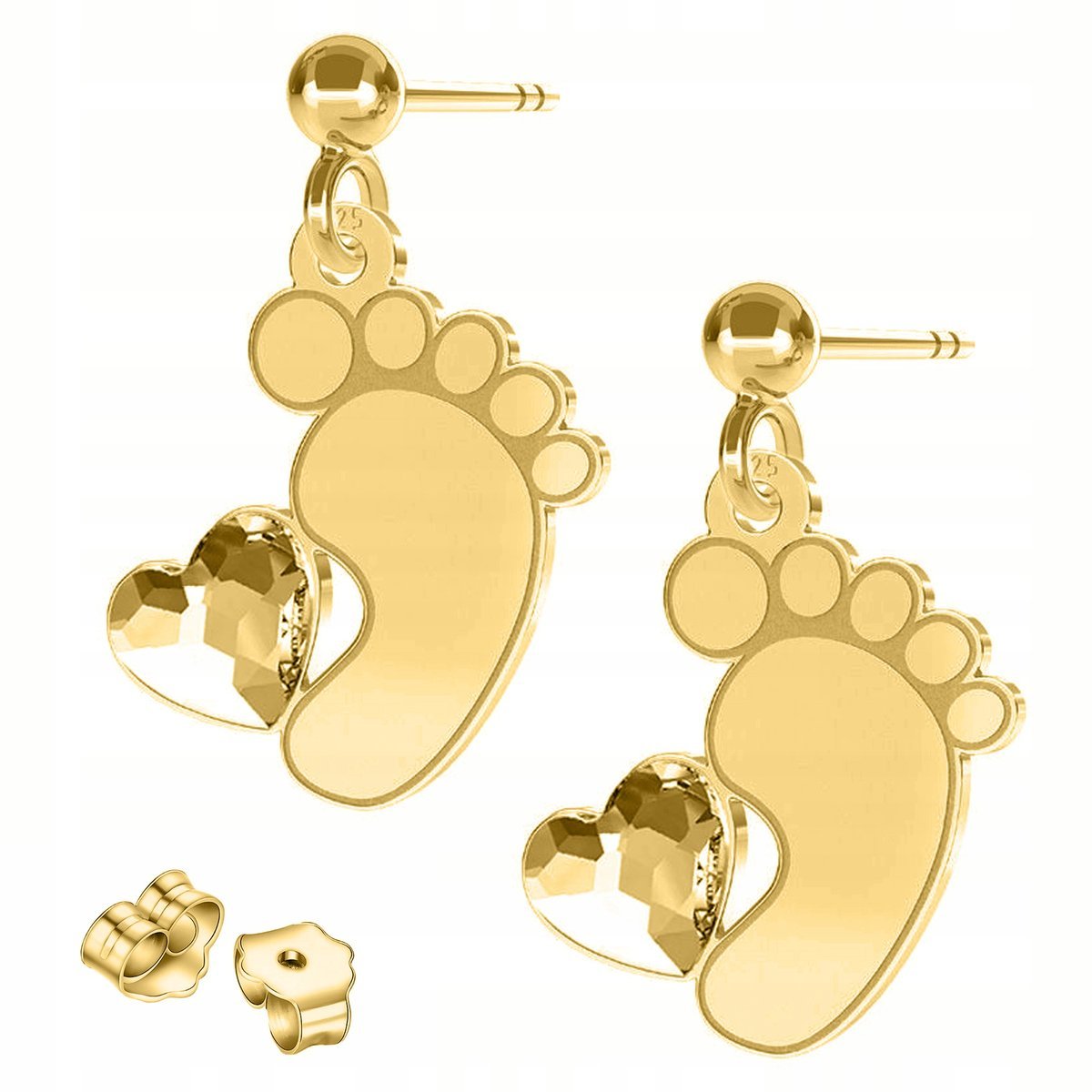 Złote Kolczyki Stopy Stópki Dziecka Stópka z Cyrkonią Serca SREBRO 925