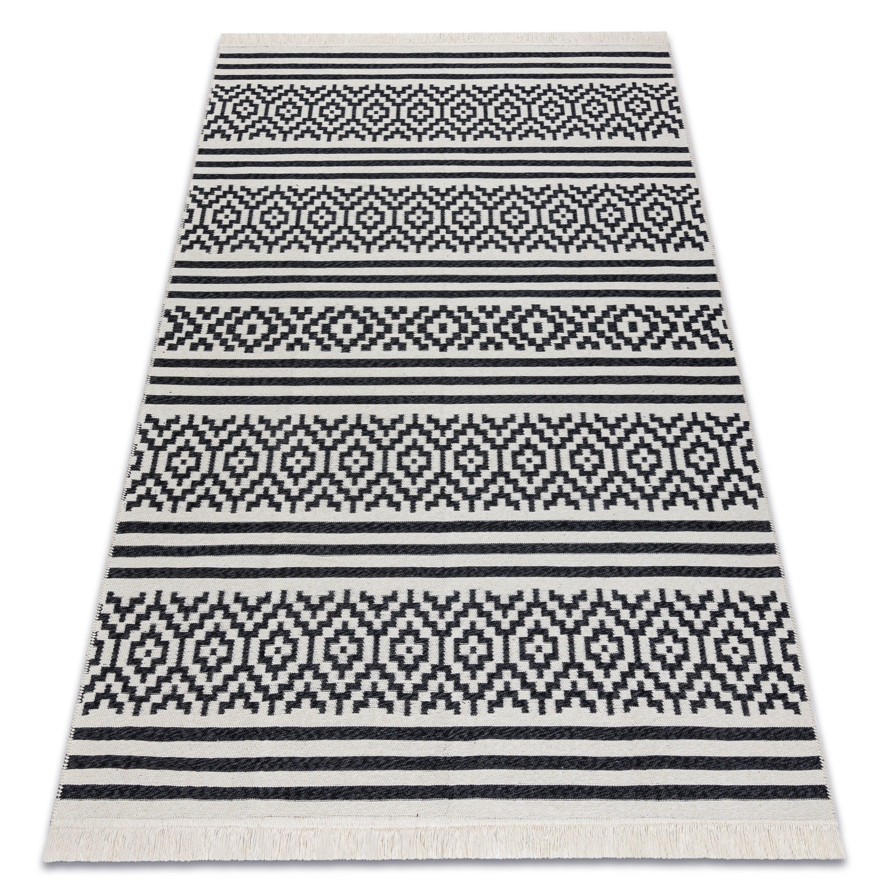 Dywan TWIN 22996 Geometryczny, pasy bawełna, dwustronny Ekologiczny frędzle - / krem czarny 180x270 cm