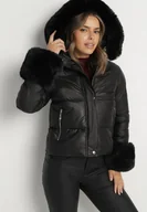 Kurtki damskie - Czarna Pikowana Kurtka z Kapturem Zdobiona Futerkiem Olenesa - miniaturka - grafika 1