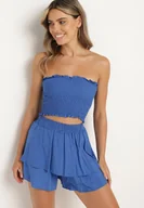 Komplety damskie - Niebieski Bawełniany Komplet Krótki Top bez Ramiączek Szorty z Gumką w Pasie i Falbanką Tesmara - miniaturka - grafika 1
