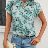 Koszule damskie - TEMU Joy Cart Letnia Casualowa Bluzka Damska z Kokardą Krótki Rękaw Koszulka w Kwiaty Zielona T-Shirt Elegancka Odzież Damska - miniaturka - grafika 1