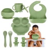 Zestawy naczyń dla dzieci - Pierwsze Naczynia Silikonowe Do Karmienia Dzieci Zestaw Sowa Zielona 8 Szt. - miniaturka - grafika 1