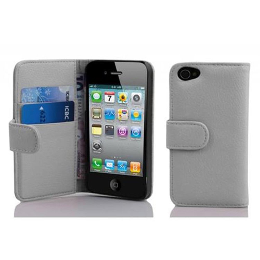 Etui Cadorabo do Apple iPhone 4 / iPhone 4S w kolorze MAGNESIUM WHITE Etui na telefon komórkowy wykonane z teksturowanej sztucznej skóry z funkcją podstawki i miejscem na kartę Etui Etui ochronne Etui z klapką w stylu książki