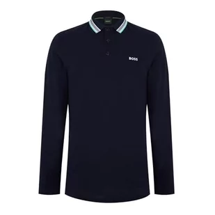 BOSS Męska koszulka polo z długim rękawem z bawełny piqué z detalami na kołnierzu, Dark Blue406, L - Koszulki męskie - miniaturka - grafika 1