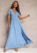 Sukienki - Jasnoniebieska Sukienka Maxi z Rozkloszowanym Dołem i Rozcięciem Zarya - miniaturka - grafika 1