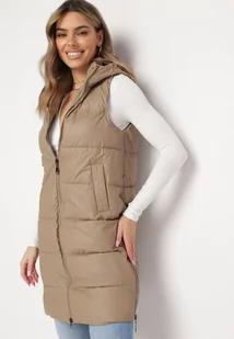 Ciemnobeżowa Pikowana Kamizelka z Kapturem i Obustronnym Suwakiem Trilasa - Kamizelki damskie - miniaturka - grafika 1