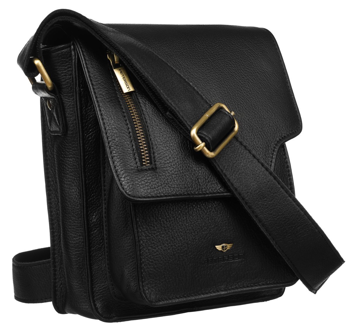 Czarna skórzana męska listonoszka z klapką PETERSON mała miejska funkcjonalna torebka na ramię kieszonki na suwak miejsce na telefon długi pasek