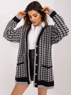 Swetry damskie - Kardigan rozpinany szaro-czarny elegancki dekolt w kształcie V rękaw długi długość długa kieszenie - miniaturka - grafika 1
