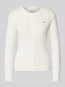 Swetry damskie - Kurtka z dzianiny ze ściegiem warkoczowym i wyhaftowanym logo - miniaturka - grafika 1