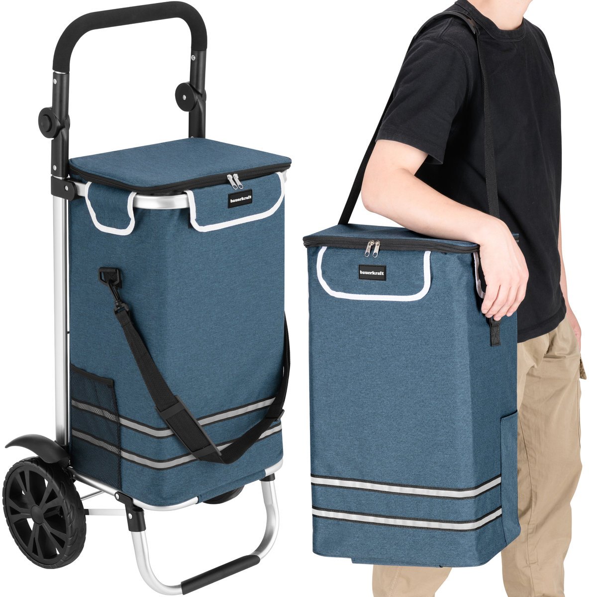 Wózek torba na zakupy na kółkach składany wodoodporny 42l odblaski niebieski