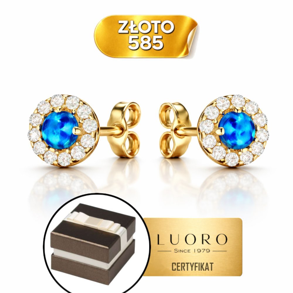 KOLCZYKI ZŁOTE 585 14K KÓŁECZKA Z CYRKONIĄ I OPALITEM SZTYFT 6 MM