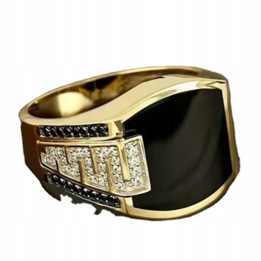 Złoty Sygnet Luksusowy z Kamieniami Szlachetnymi Czarne Stal Szlachetna