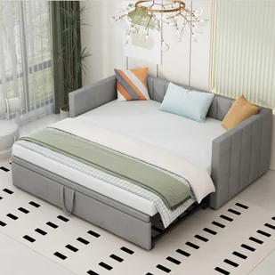 Łóżko rozkładane Merax 90x200cm/180x200cm, rozkładana sofa z listwowym stelażem i podłokietnikami, łóżko tapicerowane aksamitem, rozkładana sofa dla dzieci, jasnoszara - Łóżka dla dzieci i młodzieży - miniaturka - grafika 1
