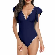 Stroje kąpielowe - Jednoczęściowy strój kąpielowy z falbanami - Granatowy XL - miniaturka - grafika 1