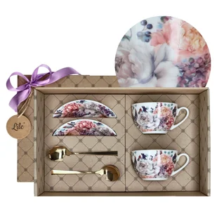 Filiżanka porcelanowa ze spodkiem i łyżeczką (2 szt.) ZESTAW filiżanek z porcelany do kawy herbaty 255 ml Lile Purpura P31859 - Filiżanki - miniaturka - grafika 1