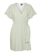 Sukienki - VERO MODA Sukienka damska Vmmymilo Ss Wide Wrap Knee Dress WVN Ga, Reseda/paski: śnieżnobiały, S - miniaturka - grafika 1