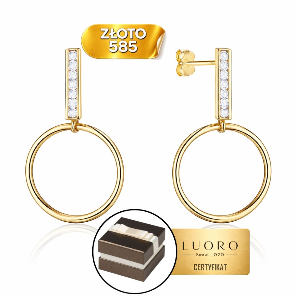KOLCZYKI ZŁOTE 585 14K KÓŁKO Z CYRKONIĄ SZTYFT 18 MM ELEGANCKIE