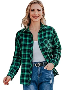 Irevial Damska koszula w kratkę, długi rękaw, elegancka bluzka w stylu miejskim, bluzka koszulowa, na co dzień, stójka, z kieszeniami, guzikami, bluzka, tunika, zielony + czarny, S - Bluzki damskie - miniaturka - grafika 1