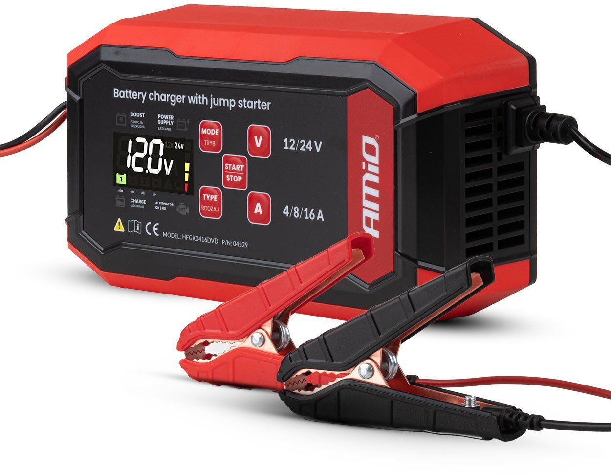 Amio Prostownik cyfrowy z wspomaganiem rozruchu agm gel std lfp max 16a 12v 24v pro amio-04529